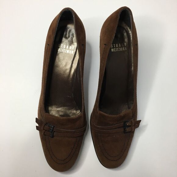 Stuart Weitzman Sz 6.5 brown 2 buckle kitten heel - Picture 3 of 8